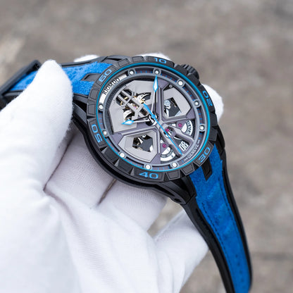 OBLVLO Men's Luxury Machinery Skeleton Mechanical Automatic Watches Analog Big Dial Blue Rubber Band Military Watch RD-909