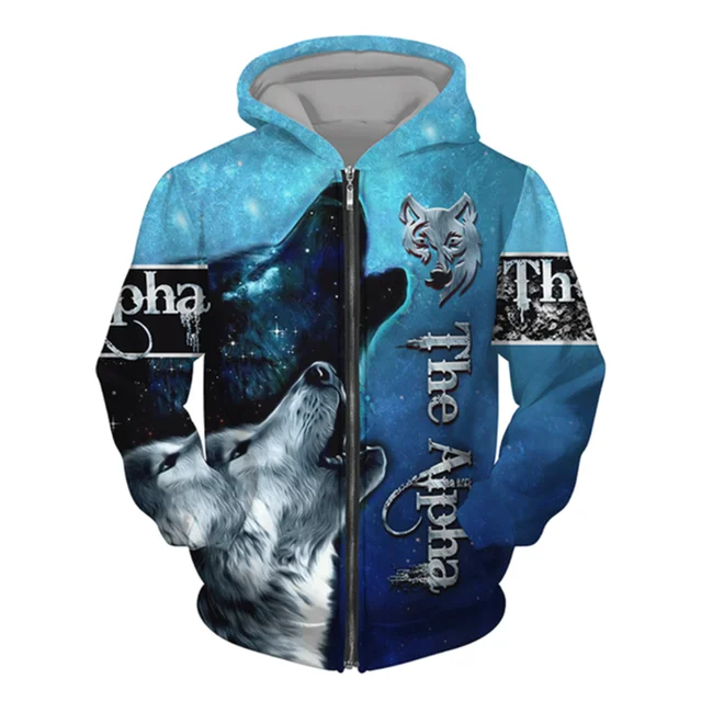 3D Wolf Print Men Zipper Hoodies Fashion Animal Pattern Top Coat Street Punk Style Oversized Sweatshirts Outdoor Leisure Jackets