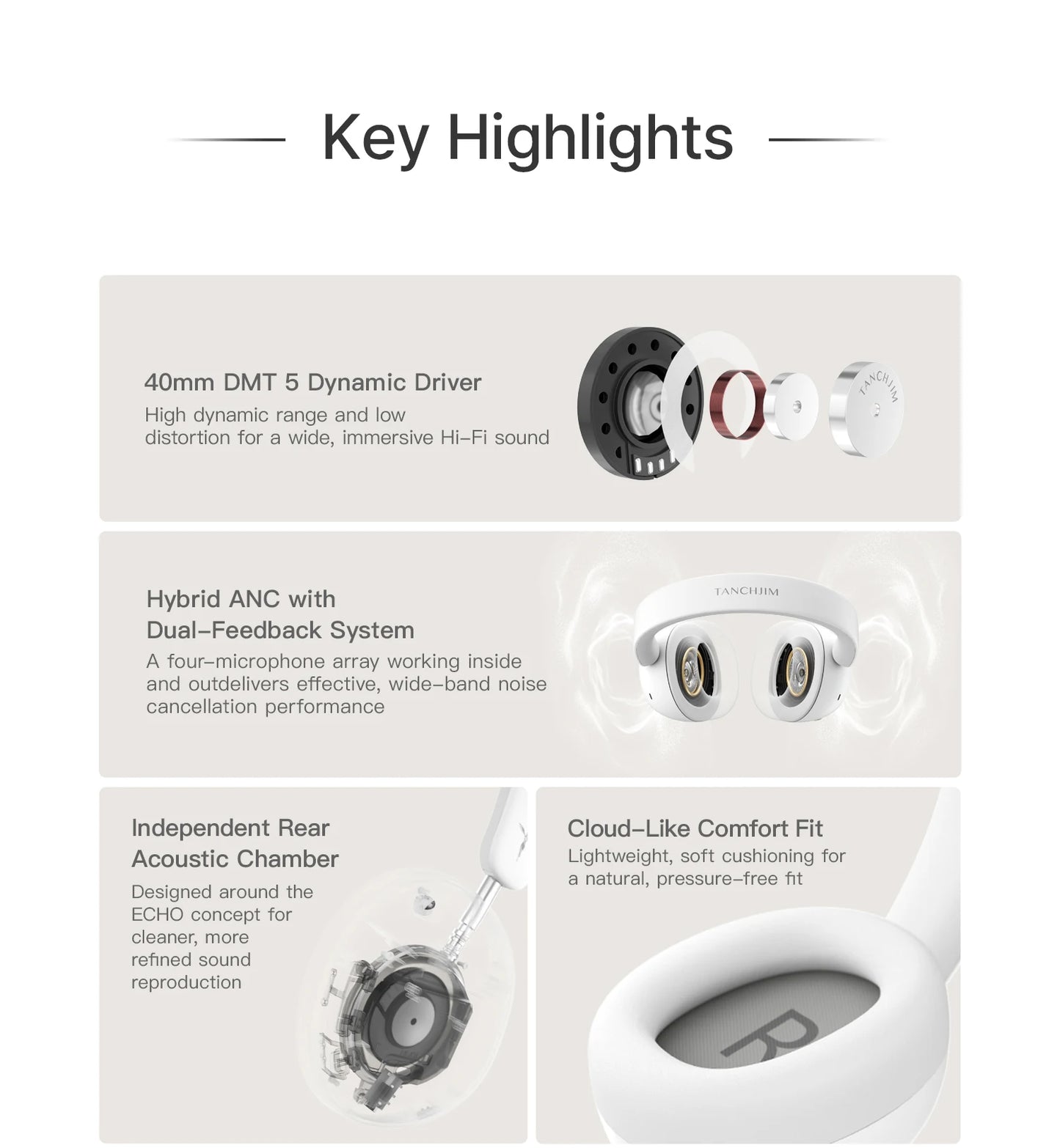 TANCHJIM RITA HiFi Bluetooth Headset Wireless/Wired LDAC ANC・ENC 40mm DMT5 Dynamic Driver Bluetooth 6.0 + 3.5mm Gaming Over-Ear