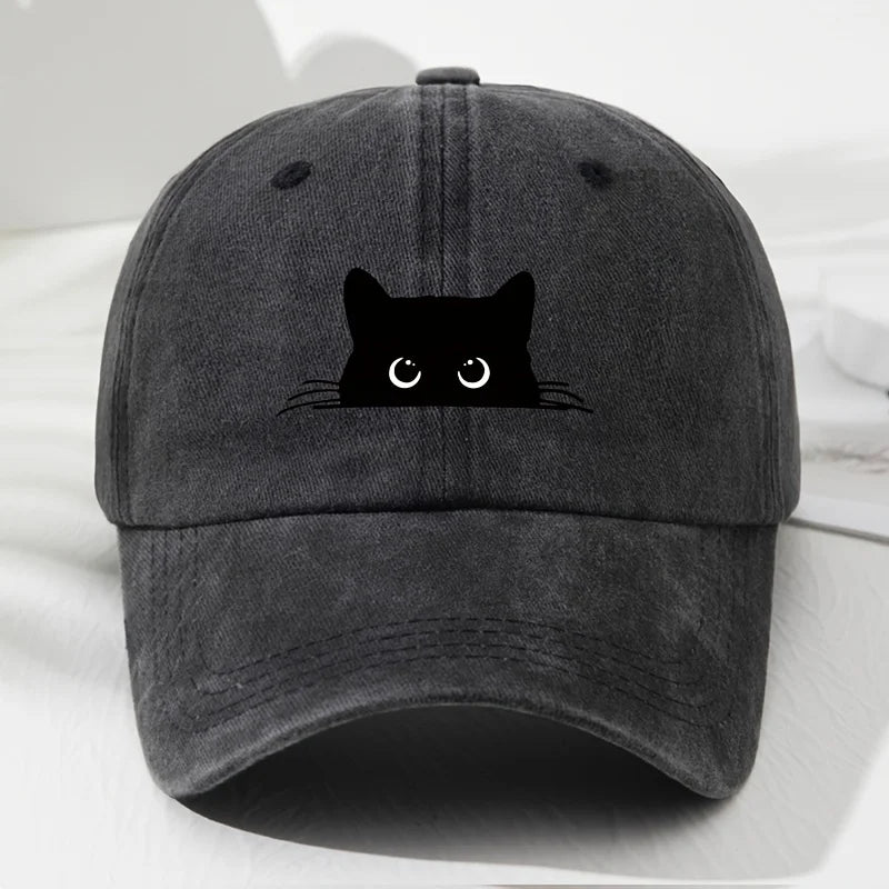 Cute cat print vintage washed baseball cap for men and women, versatile casual curved brim hat