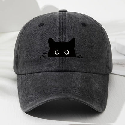 Cute cat print vintage washed baseball cap for men and women, versatile casual curved brim hat