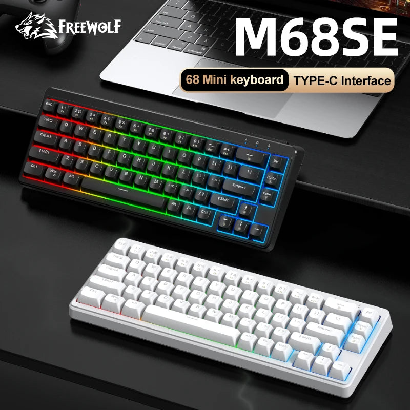 Teclado FREEWOLF M68SE com sensação mecânica, 68 teclas, mini teclado compacto com fios, silencioso, para portáteis, gaming e utilização em escritório