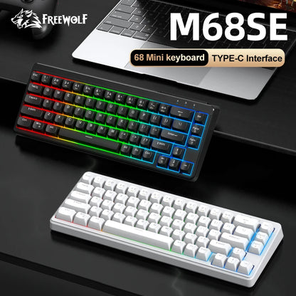 Teclado FREEWOLF M68SE com sensação mecânica, 68 teclas, mini teclado compacto com fios, silencioso, para portáteis, gaming e utilização em escritório