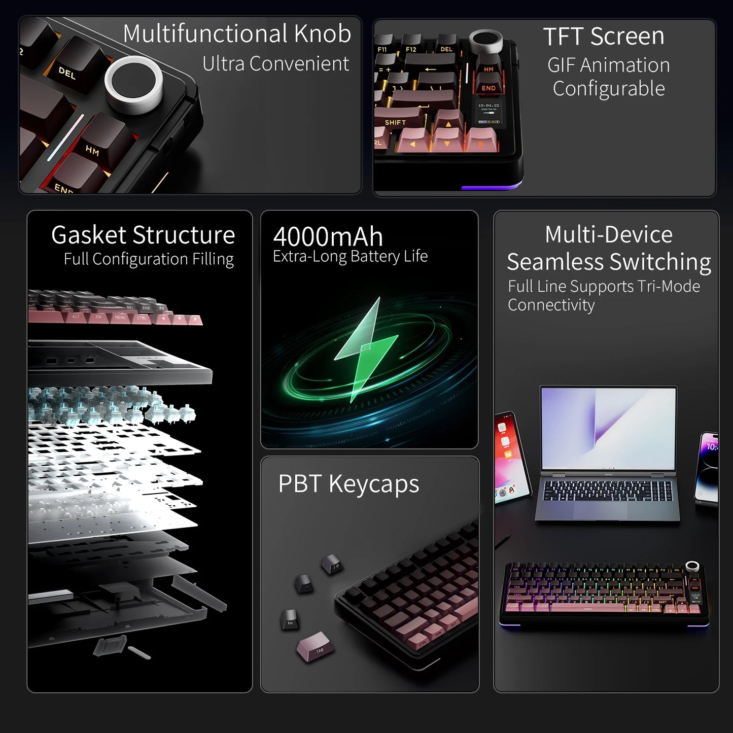 Teclado Mecânico AULA S75 PRO 75% Layout Personalizado Retroiluminação RGB Sem Fios Bluetooth Gaming com Ecrã e Botão Rotativo