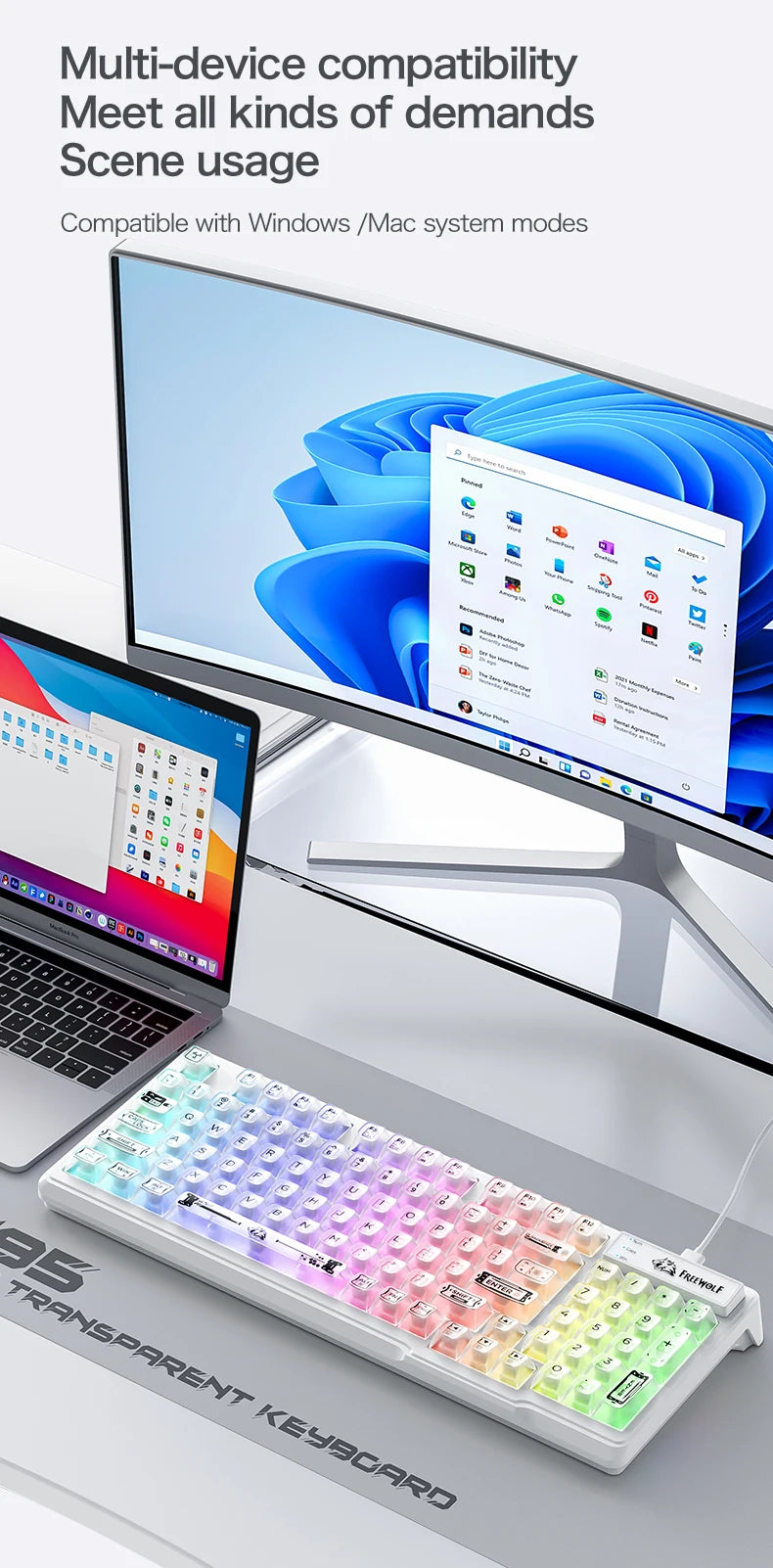 Teclado com fios FREEWOLF M95 com design transparente RGB, ideal para gaming, trabalho de escritório e vários outros cenários