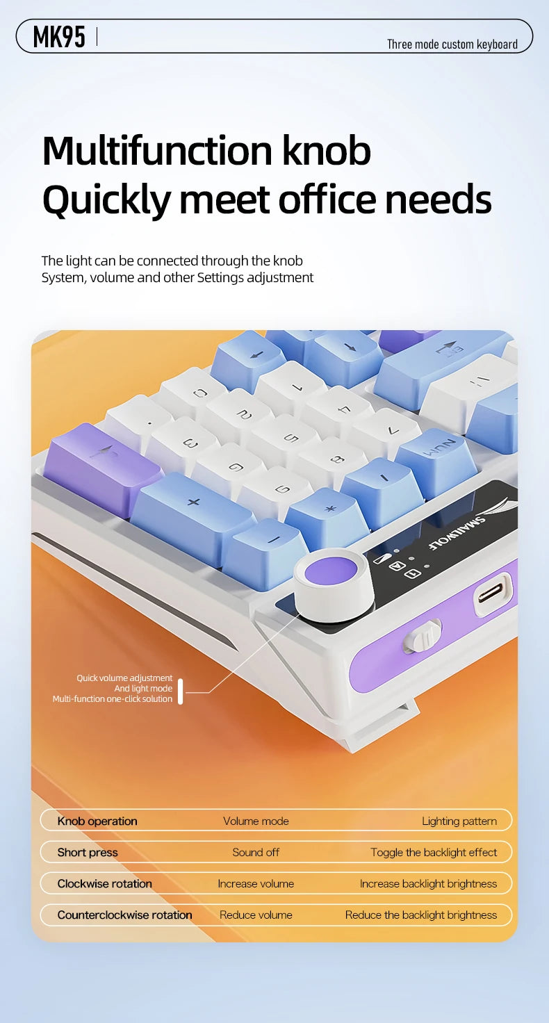 SMAILWOLF MK95 Bluetooth Wireless Korean Mechanical Keyboard Customized Gaming Laptop for Office Use with RGB Light Effect