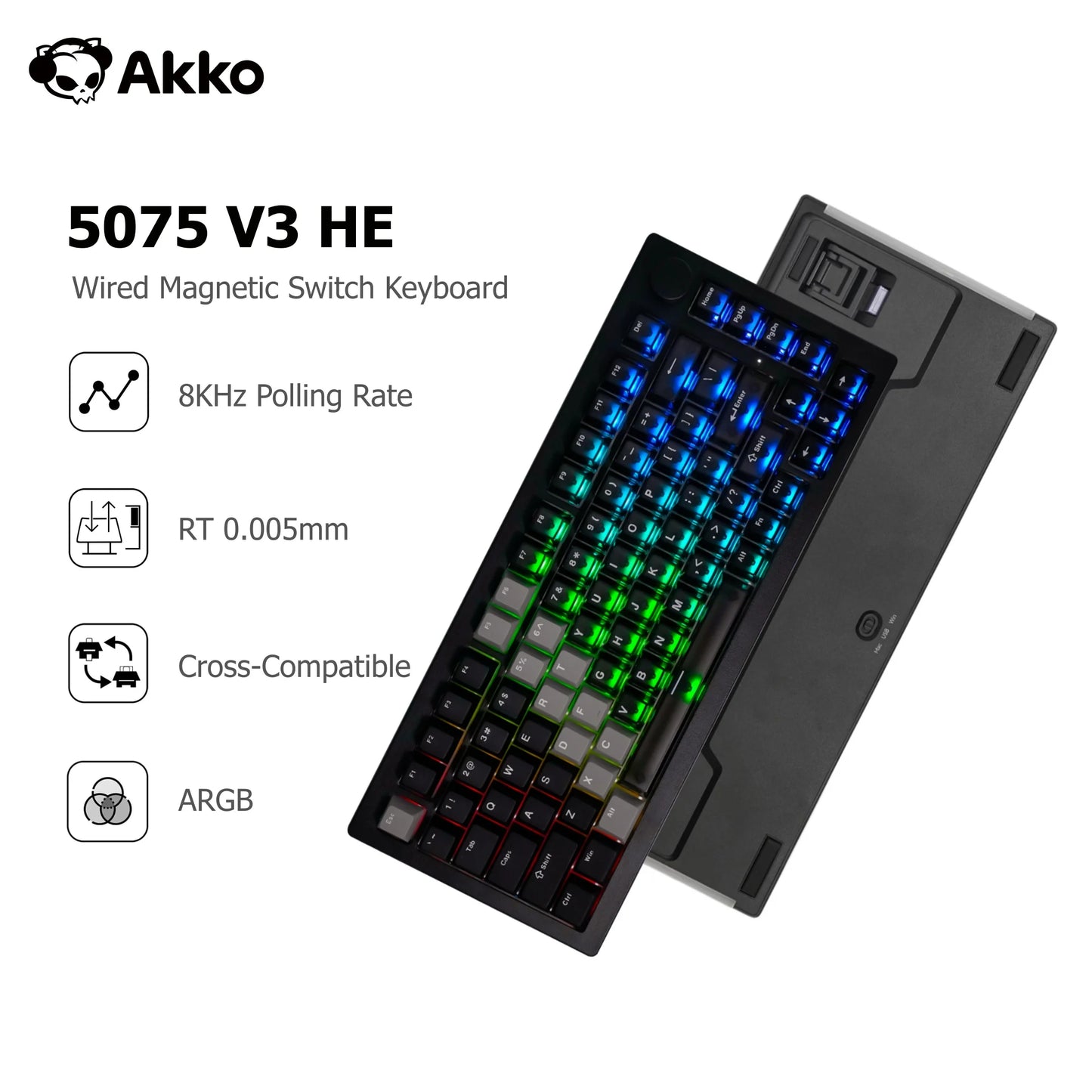 Tastiera magnetica Akko 5075 V3 HE 75% — tastiera gaming meccanica personalizzata, Rapid Trigger 0.005mm, polling rate 8K, ARGB