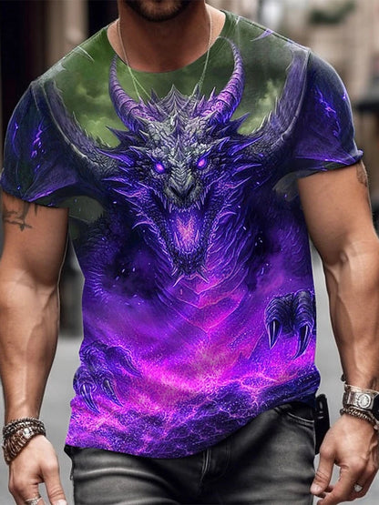 2024 zomer streetstyle heren-T-shirt, urban everyday casual top met korte mouwen, 3D-drakenprint, outdoor heren-T-shirt
