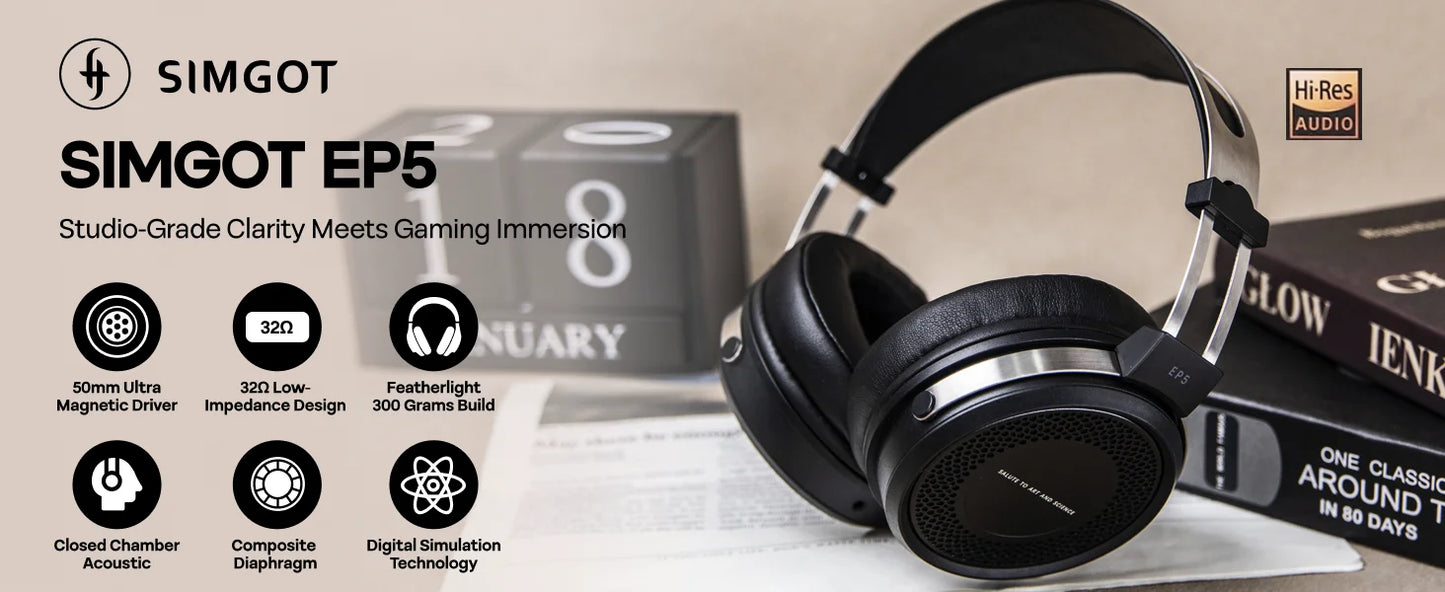 SIMGOT EP5 kabelgebundene Hochleistungs-Kopfhörer mit dynamischem 50mm-Treiber – HiFi-Gaming-Headset, niedrige Impedanz, hohe Empfindlichkeit, 7.1 Surround Sound