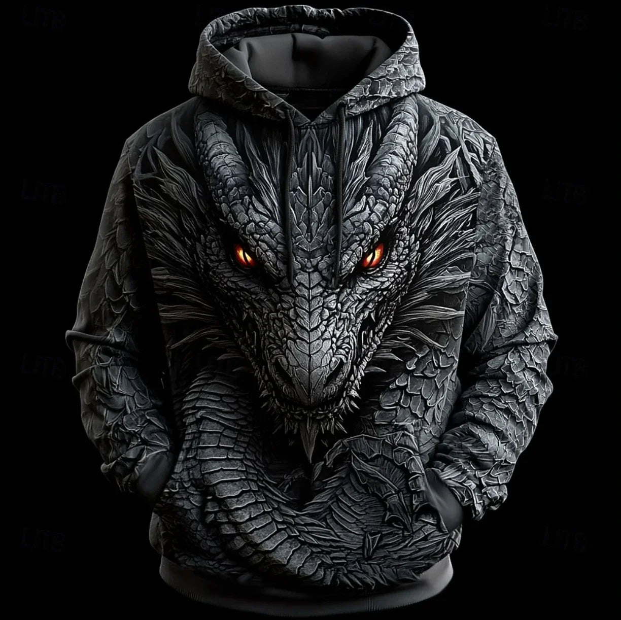 Herren-Hoodie mit Retro-Drachenmuster, 3D-Print, kreativem Design, langen Ärmeln, lässiger Pullover, modisch, cool, Oversize, atmungsaktive Kleidung