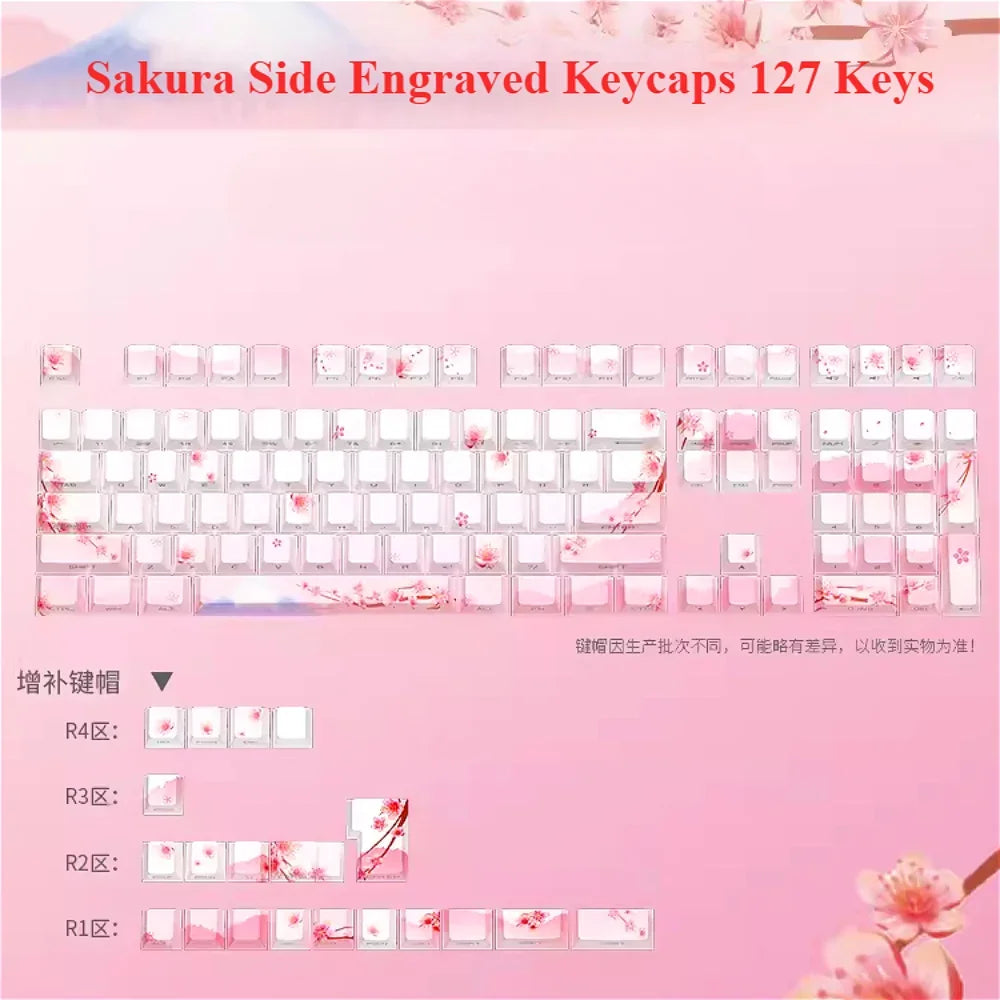 Conjunto de Keycaps Sakura Pink com Gravação Lateral em PBT Translúcido, 127 Teclas para Teclados Mecânicos MX Switch 60/84/90/104/108