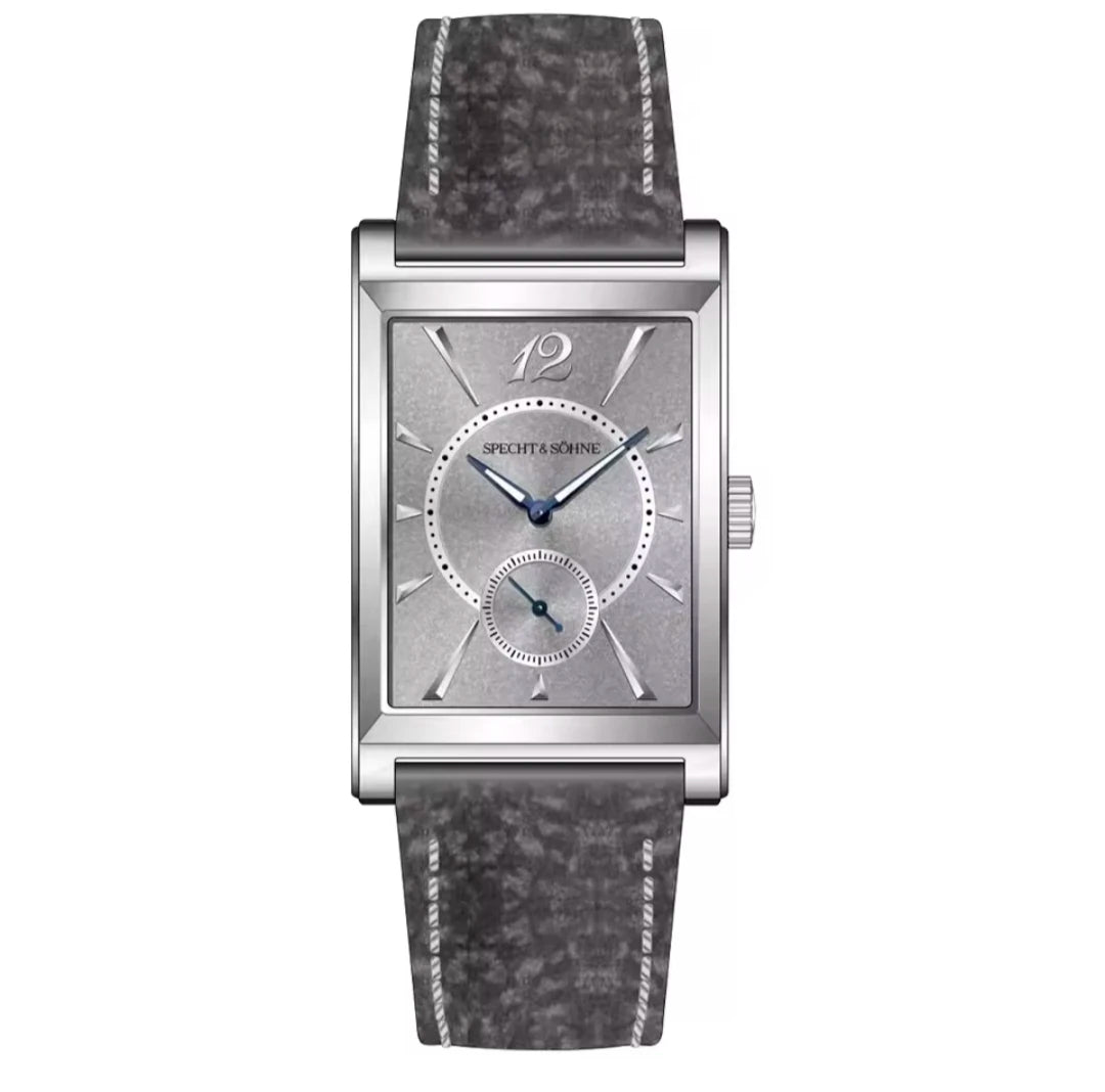 2026 Specht&Söhne Ultra Thin 7.5mm Rectangular Watch Japan Quartz Movement Small Seconds Sandblasted Dial Grey Leather Strap Watch