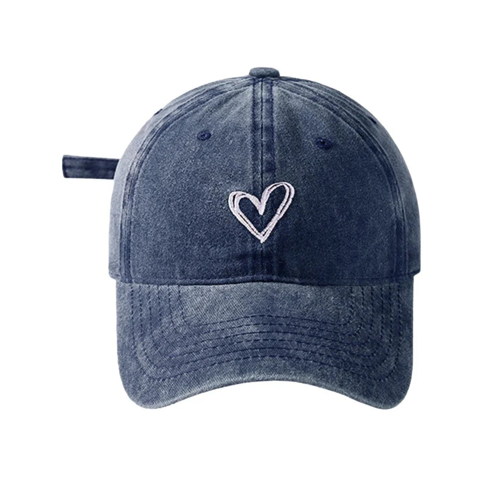 Peach Heart Embroidery Baseball Cap Washed Old Spring Summer Hat Women Men Couple Soft Top
