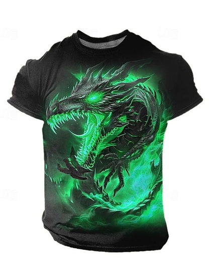 2024 zomer streetstyle heren-T-shirt, urban everyday casual top met korte mouwen, 3D-drakenprint, outdoor heren-T-shirt