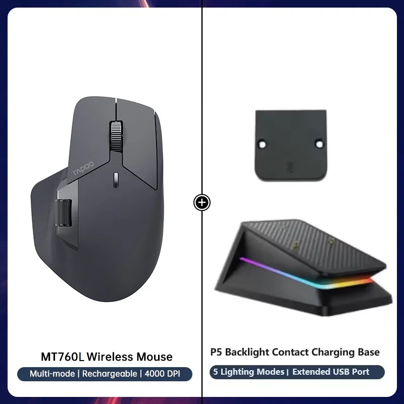 Rapoo MT760/MT760Mini Multi-mode Rechargeable Wireless Bluetooth Mouse Ergonomic 4000 DPI Supports Up to 4 Devices Office Mice