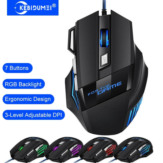 KEBIDUMEI kabelgebundene Gaming-Maus, 7 Tasten, RGB-beleuchtet, ergonomische USB-Maus, 2400 DPI, 3 DPI-Stufen, für PC, Laptop, Windows, Mac OS