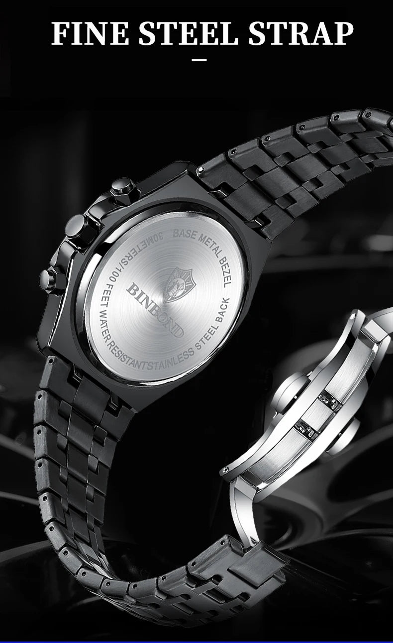 BINBOND Top Brand Man Quartz Watch Luxury Luminous Chronograph Wristwatch Stainless Steel Waterproof Men Date Calendar Clock