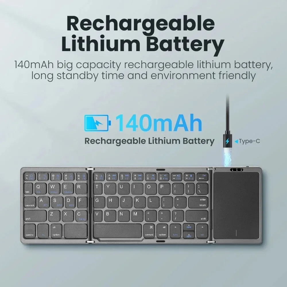 Mini Folding Wireless Bluetooth Keyboard Russian Spanish Arabic Hebrew Portuguese with Touchpad for Windows, Android, IOS