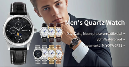 BERNY Men's Watch Date Weeks Moon Phase Quartz Watches for Men Stainless Steel Leather Strap Business Wristwatch Male Clock