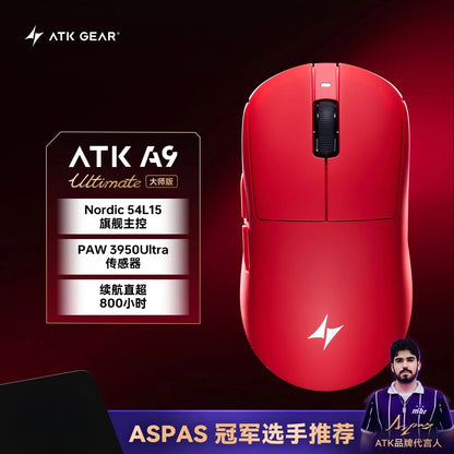 Rato Gaming Bluetooth Sem Fios ATK Dragonfly A9, Design Ergonómico, Resposta Rápida, PAW3950 Ultra, 800mAh, Leve, 8KHz, eSports