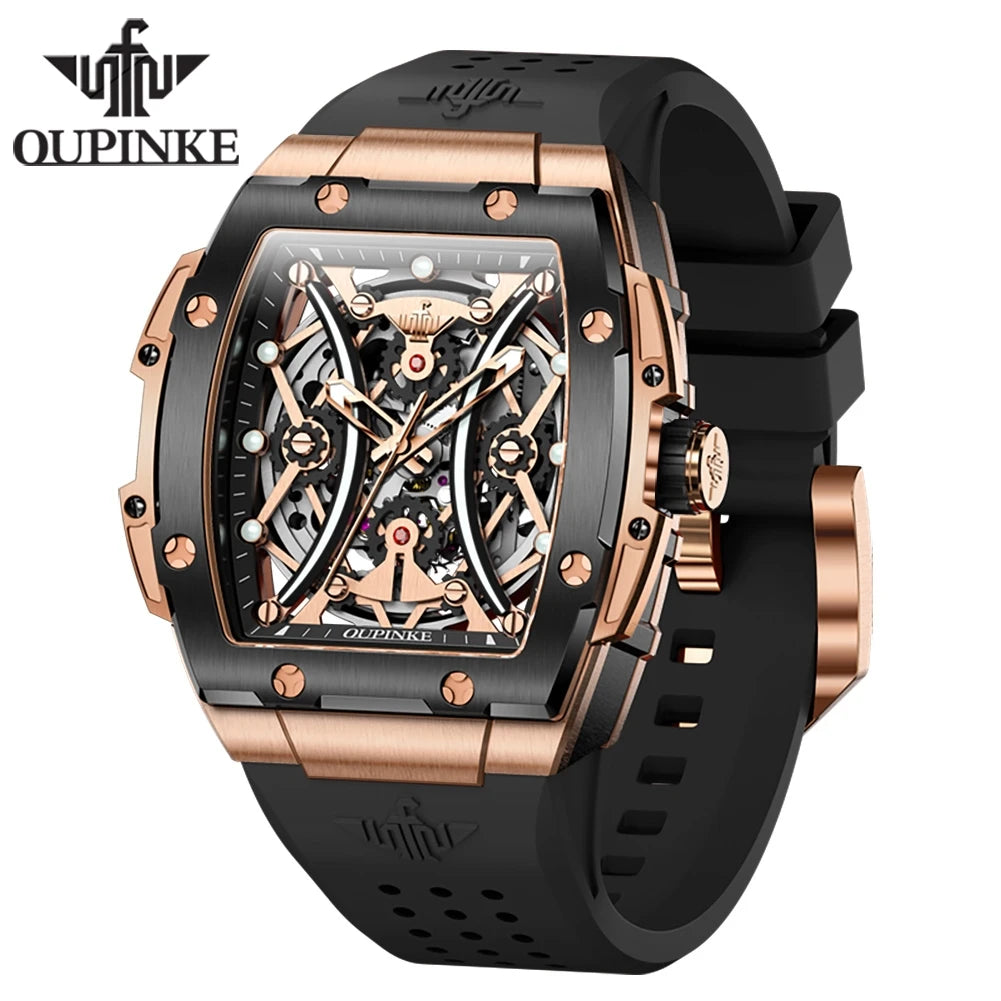 Relógio masculino OUPINKE clássico de luxo com mostrador tonneau, marca de topo, original, automático mecânico, bracelete em silicone e vidro de safira, novo