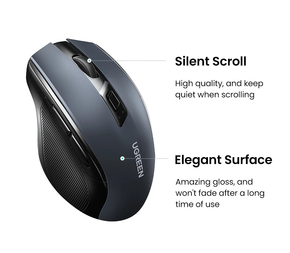 Mouse wireless UGREEN Bluetooth 5.0 ergonomico 4000DPI con 6 pulsanti silenziosi, per MacBook, tablet, laptop, computer e PC, mouse 2.4G