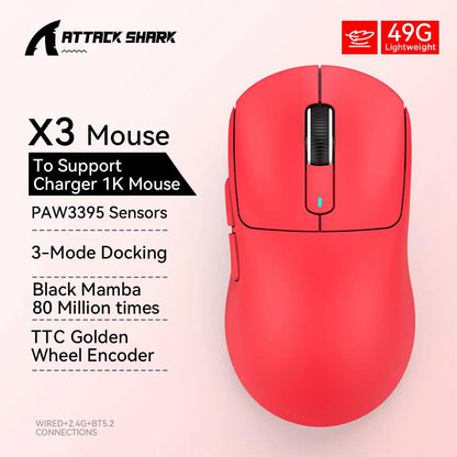 ATTACK SHARK X3 Wireless Gaming Mouse, Tri-Mode Bluetooth Gaming Mouse with PAW3395 Sensor, 26,000 DPI, 4K Polling Rate, RGB Gaming Mouse