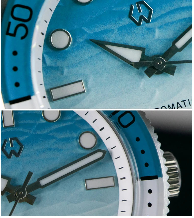 WISHDOIT Automatische Taucheruhr für Herren mit ozeanblauem und weißem Wellenschliff-Zifferblatt, 8215-Uhrwerk und Saphirglasablytyped