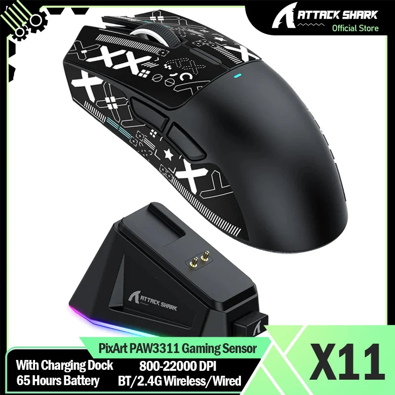 ATTACK SHARK X11 Wireless Gaming Mouse with Charging Dock, PixArt PAW3311 Gaming Sensor, BT/2.4G Wireless/Wired