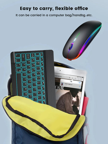 Mini teclado Bluetooth RGB retroiluminado de 10 polegadas com rato sem fios recarregável para espanhol, russo, hebraico, coreano, francês, árabe e português de Portugal