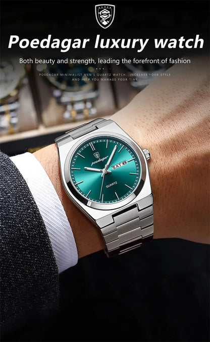 POEDAGAR Luxury Quartz Man Wristwatch Sport Men Watches Waterproof Luminous Date Week Stainless Steel Men's Watch Male Reloj