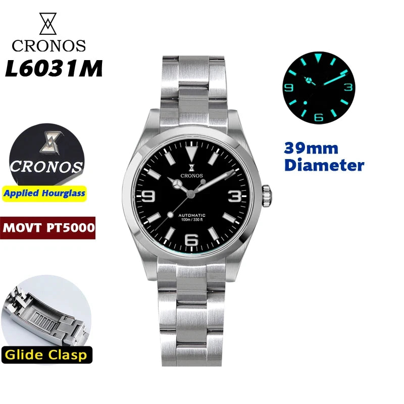 Cronos EX Diver Mechanical Men's Watch 39mm Automatic PT5000 / Miyota 90S5 Sapphire Glass Bushed Bracelet Glide Clasp 10 ATM L6031