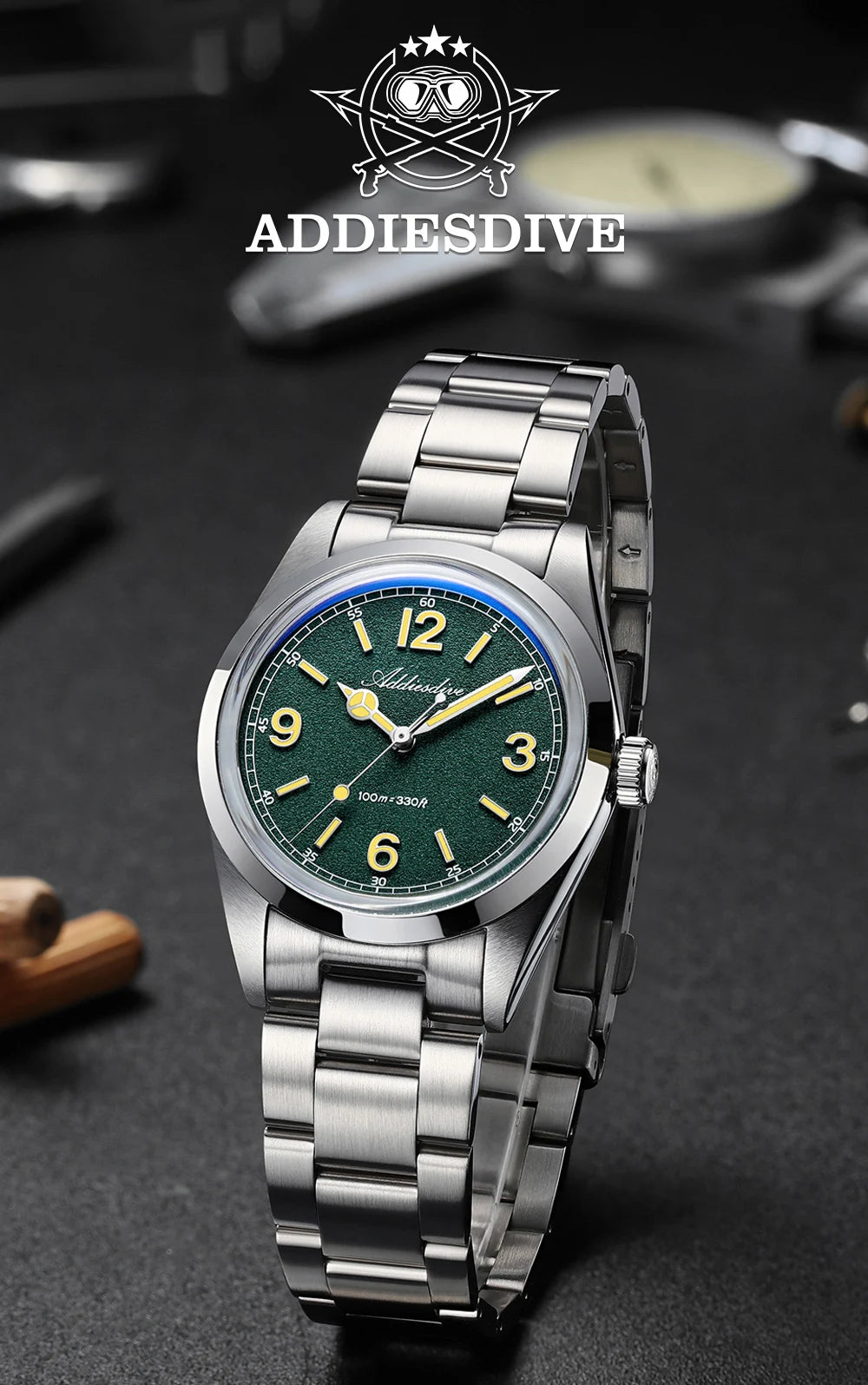 Reloj para hombre ADDIESDIVE AD2518 de 36mm en oferta destacada, cristal de espejo abombado, acero inoxidable 316L, cuarzo, resistente al agua 100m