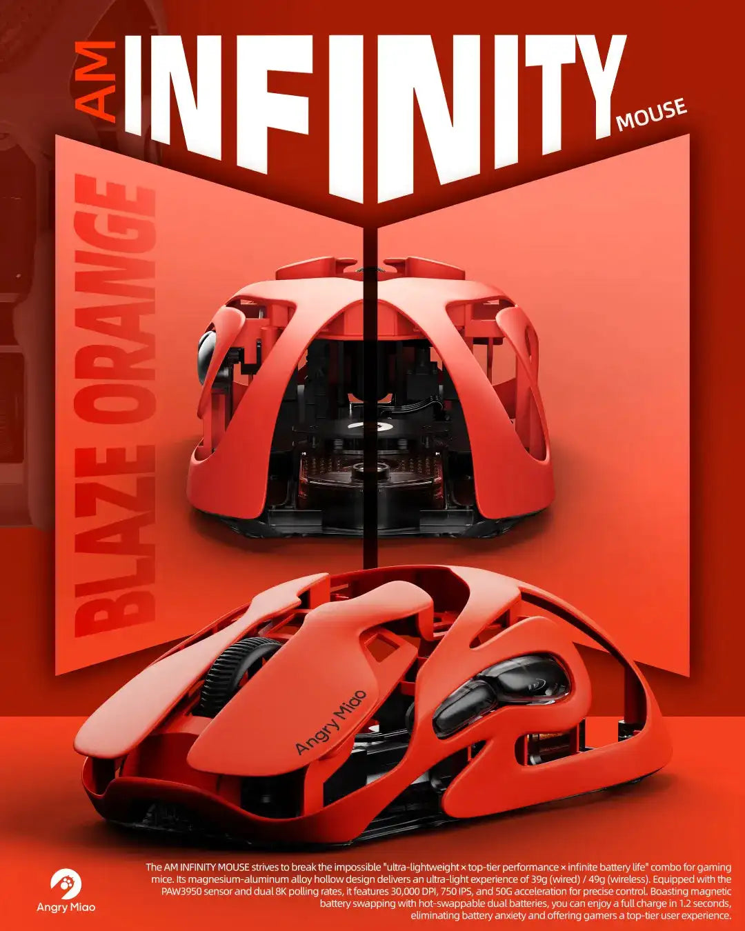 Mouse de gaming wireless Angry Miao Infinity, metalic, ultraușor, cu carcasă perforată, hot-swappable, PAW3950, Dual 8K, cu fir, tri-mode, portocaliu