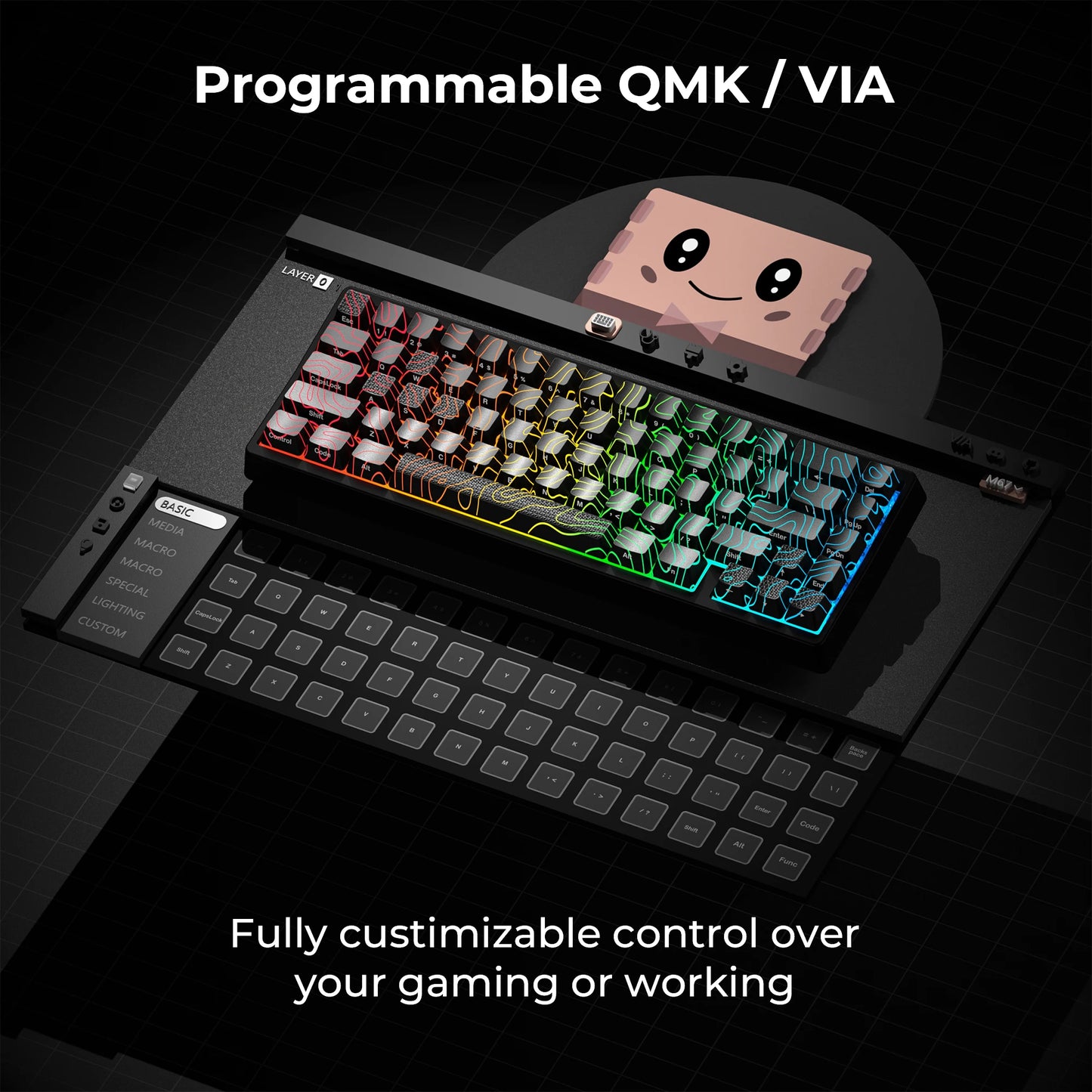 Teclado Mecânico Sem Fios XVX M67 JadeStone com Teclas IMD-Tech Tri-Mode, Teclado Gamer Branco Topographic com Design Gasket