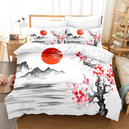 Conjunto de capa de edredão com pintura de bambu, conjunto de roupa de cama em estilo chinês, linho juvenil, tamanho Queen, conjunto de capa de edredão, conjunto de roupa de cama moderno
