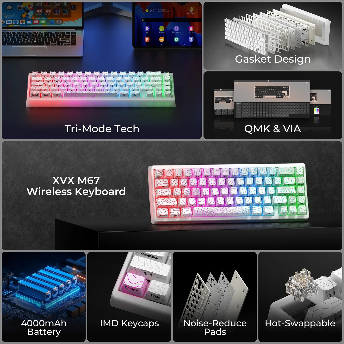 Teclado Mecânico Sem Fios XVX M67 JadeStone com Teclas IMD-Tech Tri-Mode, Teclado Gamer Branco Topographic com Design Gasket