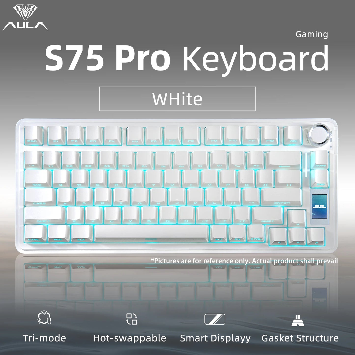 Teclado Mecânico AULA S75 PRO 75% Layout Personalizado Retroiluminação RGB Sem Fios Bluetooth Gaming com Ecrã e Botão Rotativo