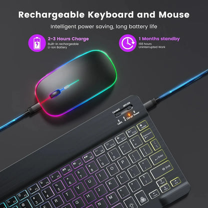 Mini teclado Bluetooth RGB retroiluminado de 10 polegadas com rato sem fios recarregável para espanhol, russo, hebraico, coreano, francês, árabe e português de Portugal