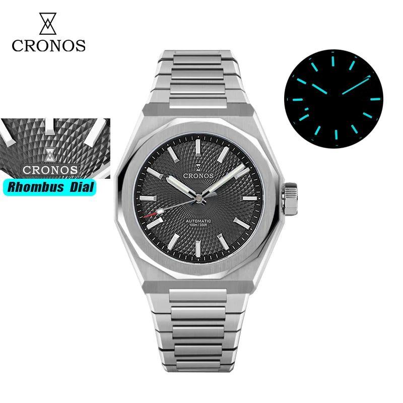 Cronos New Rhombus Perlage 39mm Dial PT5004 Miyota 90S5 See-through Caseback Men Automatic Wristwatches 10ATM Luminous