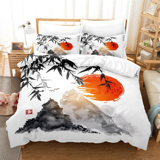 Juego de funda nórdica con pintura de bambú, ropa de cama de estilo chino, conjunto juvenil de lino para cama Queen Size, funda para edredón, ropa de cama de moda