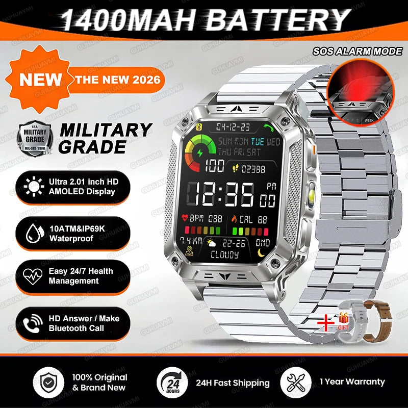 2026 TANK New 1400mAh Military GPS Smart Watch Men 2.01" AMOLED Screen 10ATM Waterproof Clock SOS Call Flashlight Smartwatch iOS