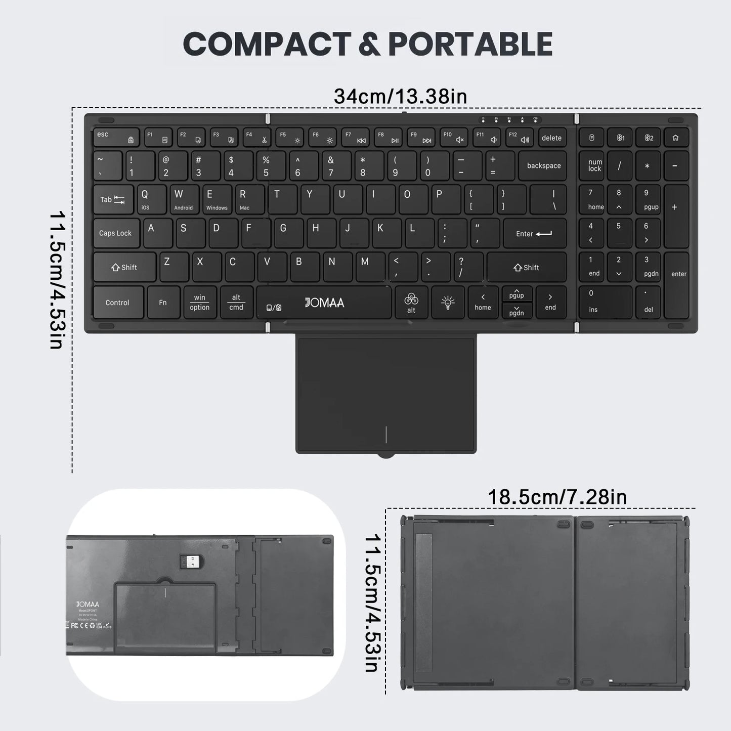 Portable Bluetooth Dual Mode Wireless Touchpad Keyboard with RGB Backlit, 98 Keys Foldable Office Keyboard for PC/Laptop/Mac-Black