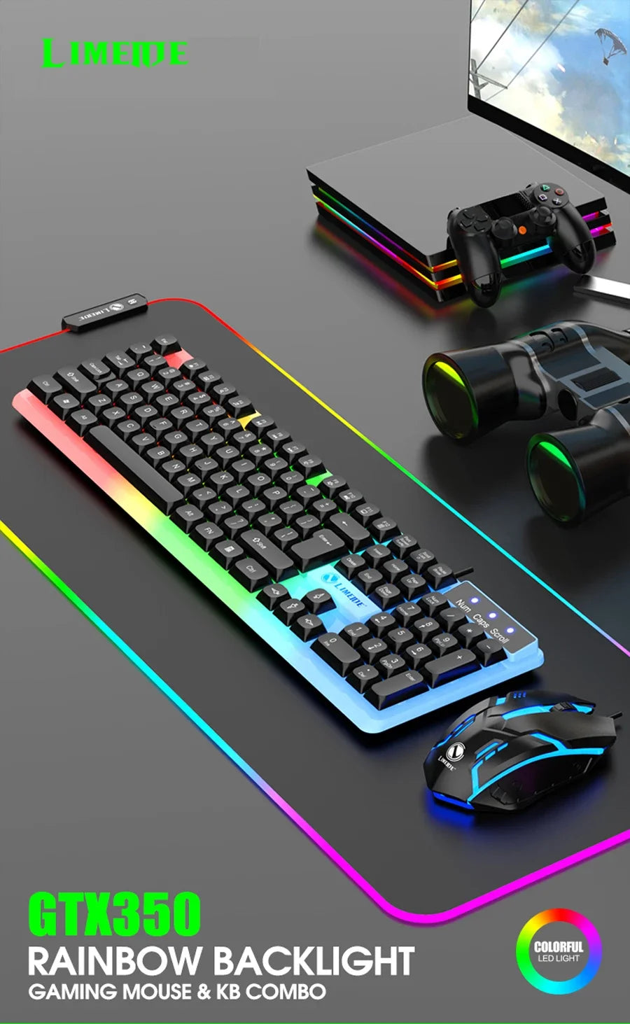 NG GTX350 Combo de teclado y ratón gaming para ordenador y portátil, kit gamer con retroiluminación LED, teclado USB con cable GTX350 Set-Negro