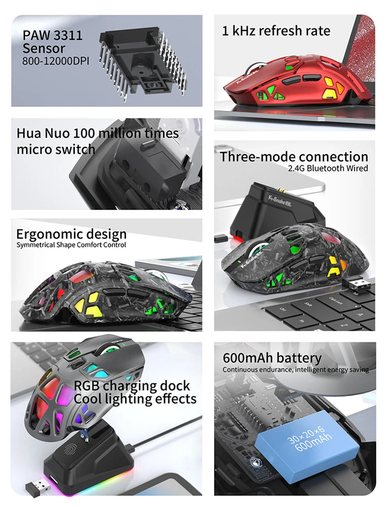 Mouse da gaming leggero Lenovo Tri-Mode con dock di ricarica RGB 12000DPI 2.4G/Bluetooth/cablato mouse ergonomico per PC laptop