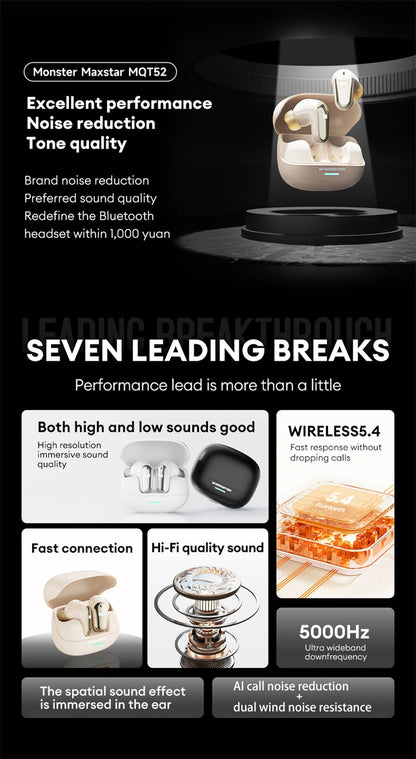 Monster MQT52 kabellose Bluetooth 5.4-Ohrhörer mit langer Akkulaufzeit, Gaming-Kopfhörer im Dual-Modus, Hi-Fi-Stereoklang-Headset mit Mikrofon