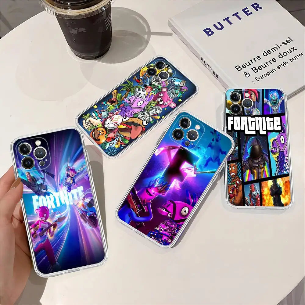 Capa de Telemóvel em TPU Macio Transparente Estilo Cartoon B-Battle-R-Royales-F-FortniteS para iPhone 17 16 15 14 13 12 11 Pro Max Plus