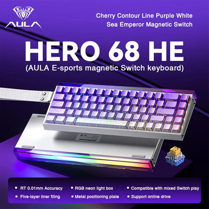 Teclado mecânico gaming com fios AULA HERO68 HE, switches magnéticos, Rapid Trigger, taxa de polling 8K, RGB, para esports