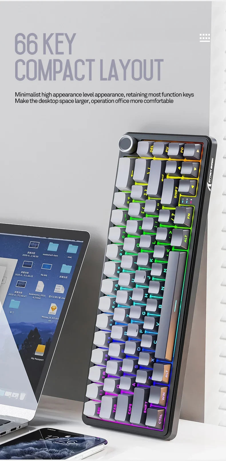 Attack Shark X66 Kabellose mechanische Tastatur 65% Kompaktlayout RGB-Hintergrundbeleuchtung Gasket Hot Swap Bluetooth USB-C PBT großer Akku