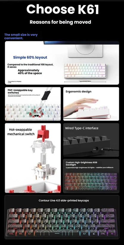 Teclado mecânico portátil com fio K61, Phantom RGB colorido, resposta de nível gaming, design ergonómico, adequado para gaming e escritório
